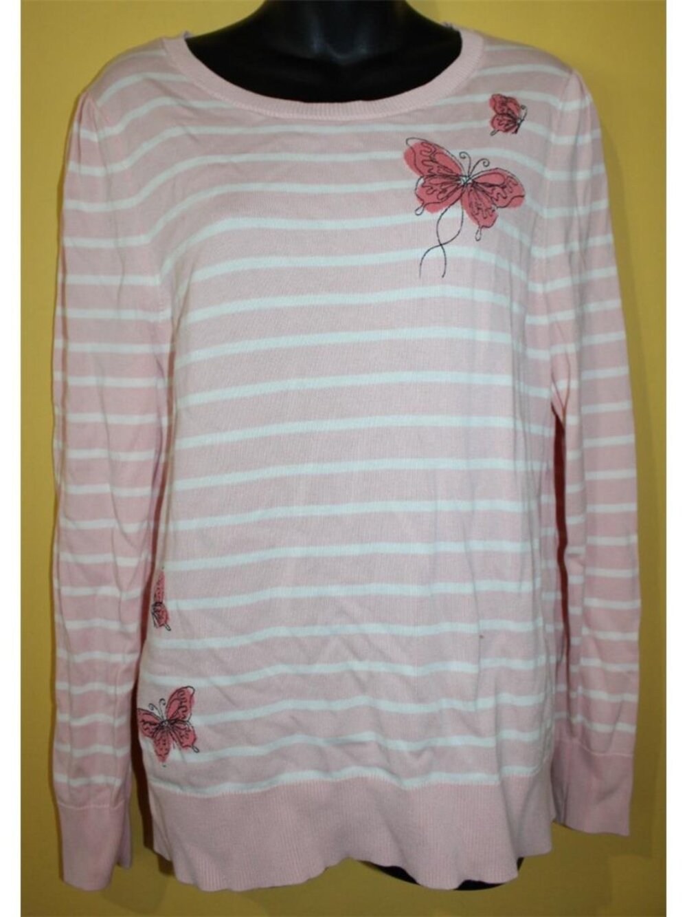 Talbots Large Pink White Striped Thin Sweater Butterfly Embroidery L